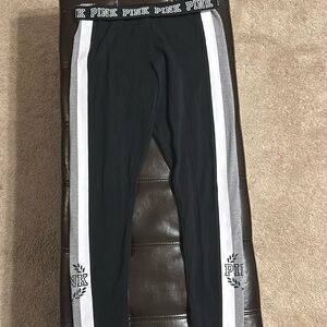 Victoria’s Secret Pink leggings in black with white and gray strips